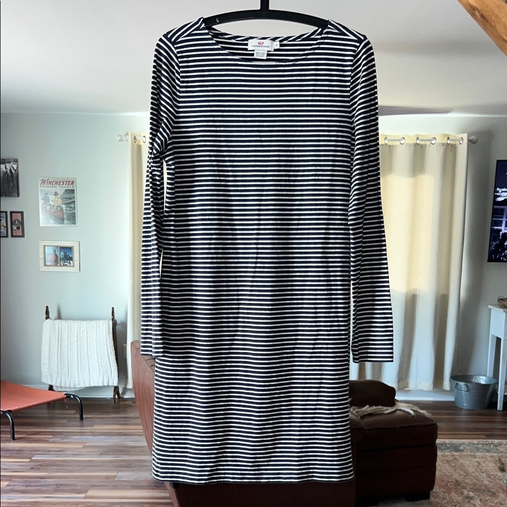 Vineyard Vines Navy Blue & White Striped Cotton Long Sleeve Dress Size M
